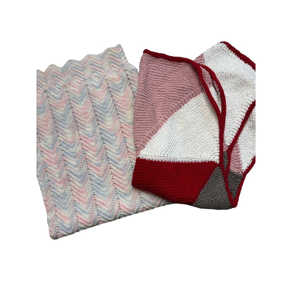 Crochet Quilt Bundle Handmade Pink Red Blue White Multicolored Throw Blankets